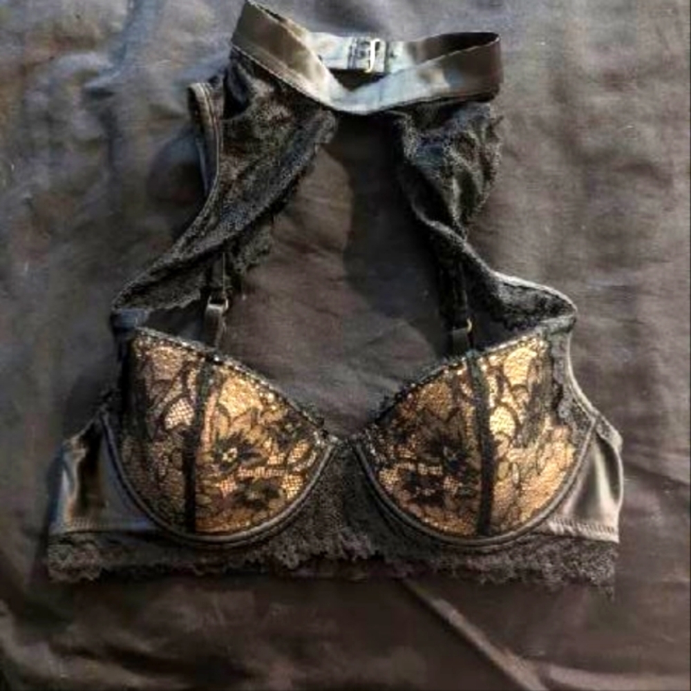 Lace Overlay Black Halter Underwire Bra